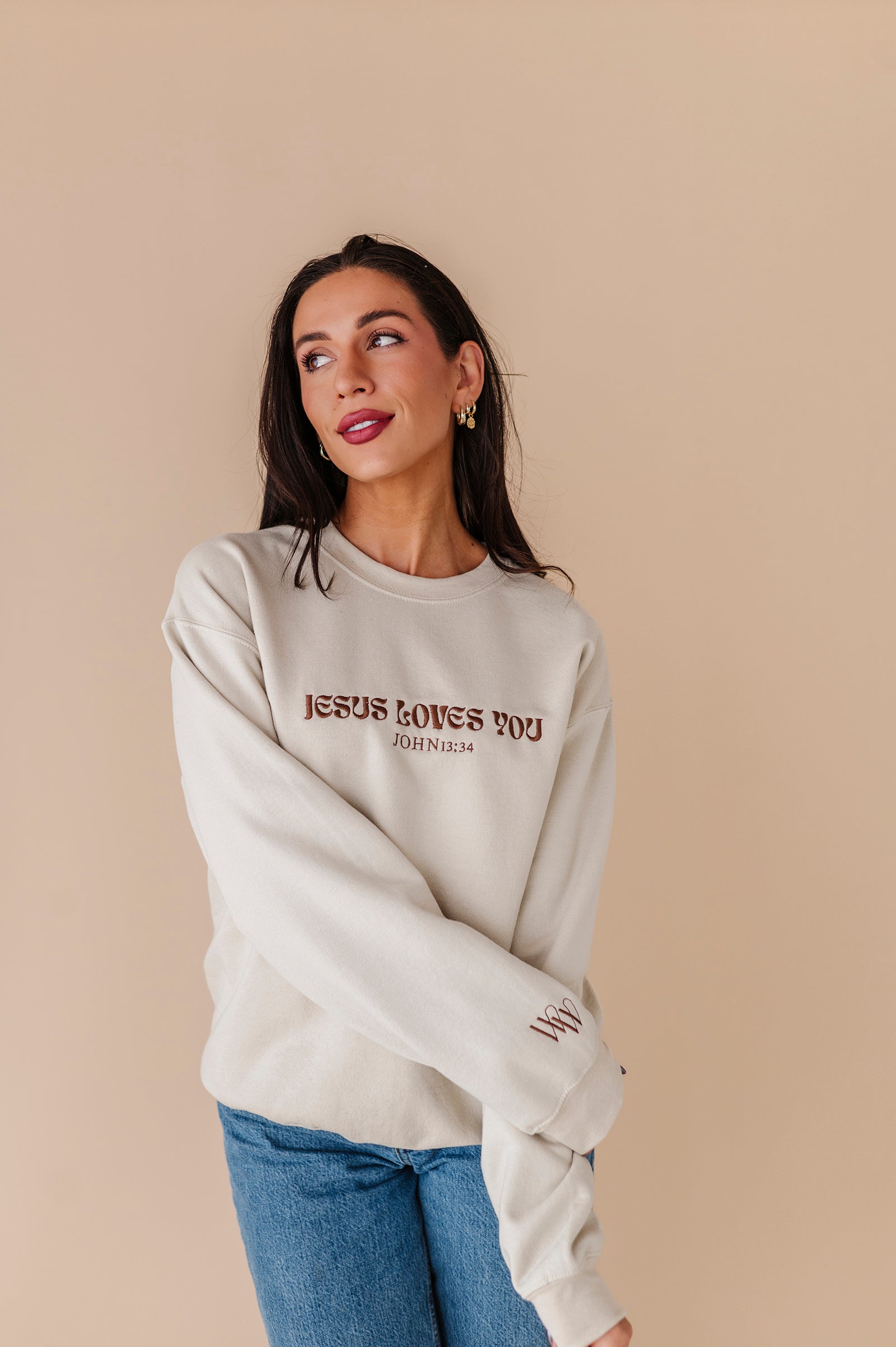 Jesus Loves You Embroidered Crewneck - Sand