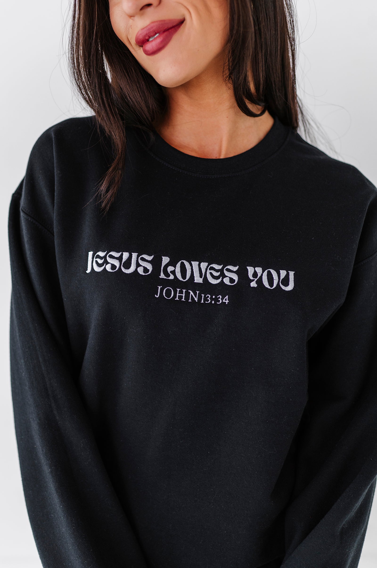 Jesus Loves You Embroidered Crewneck - Black