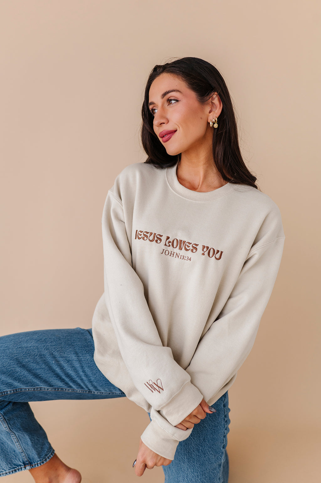 Jesus Loves You Embroidered Crewneck - Sand
