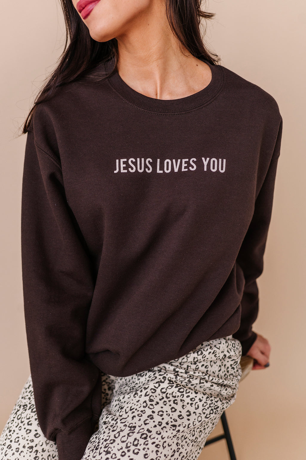 Jesus Loves You Adult Crewneck - Chocolate