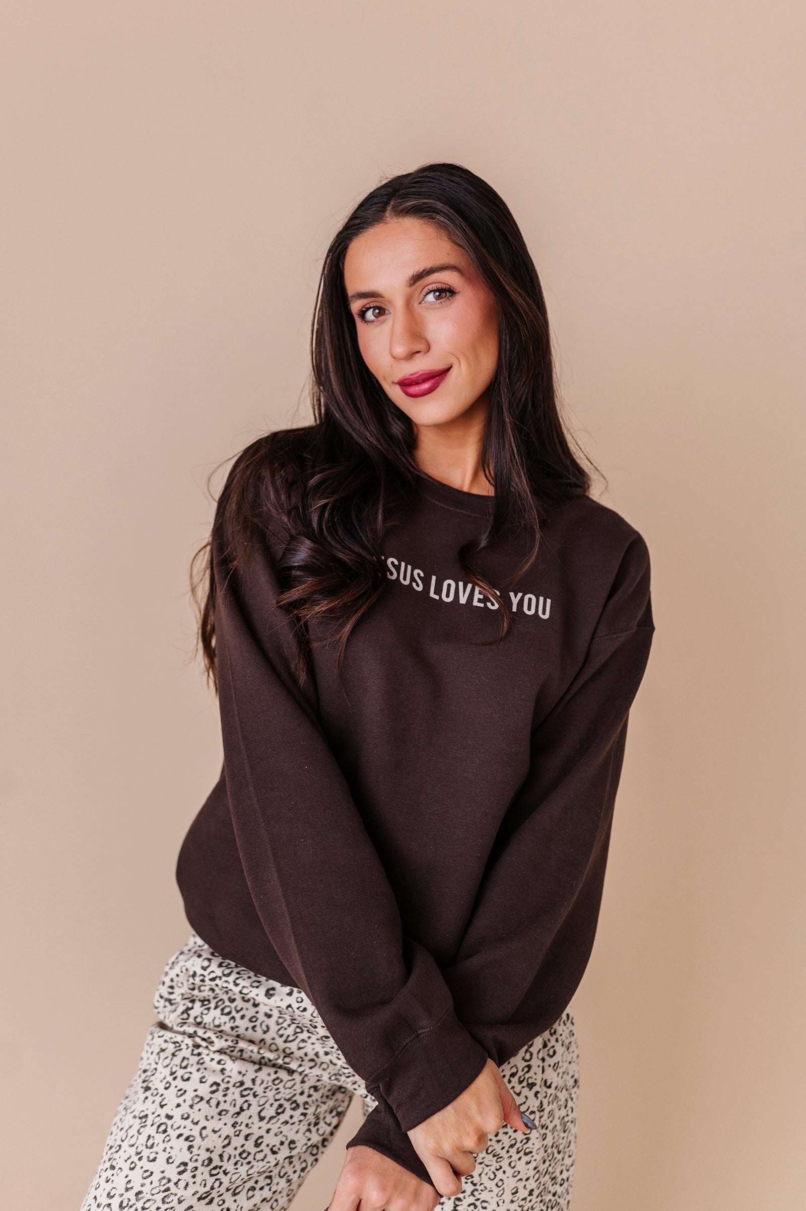 Jesus Loves You Adult Crewneck - Chocolate