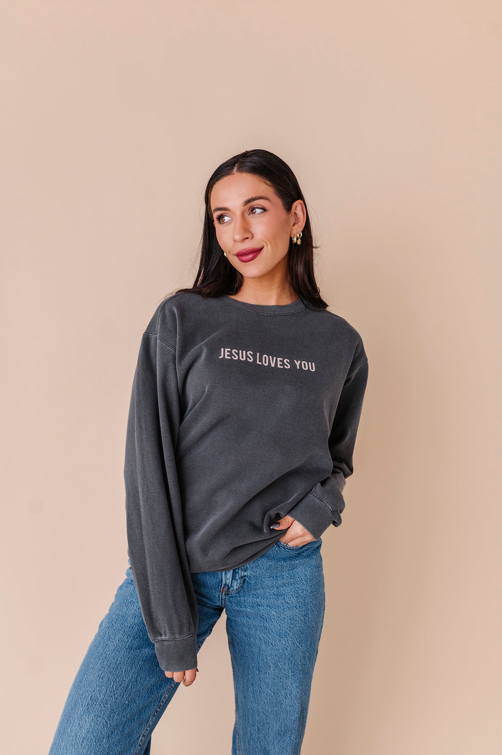 Jesus Loves You Adult Crewneck - Pepper