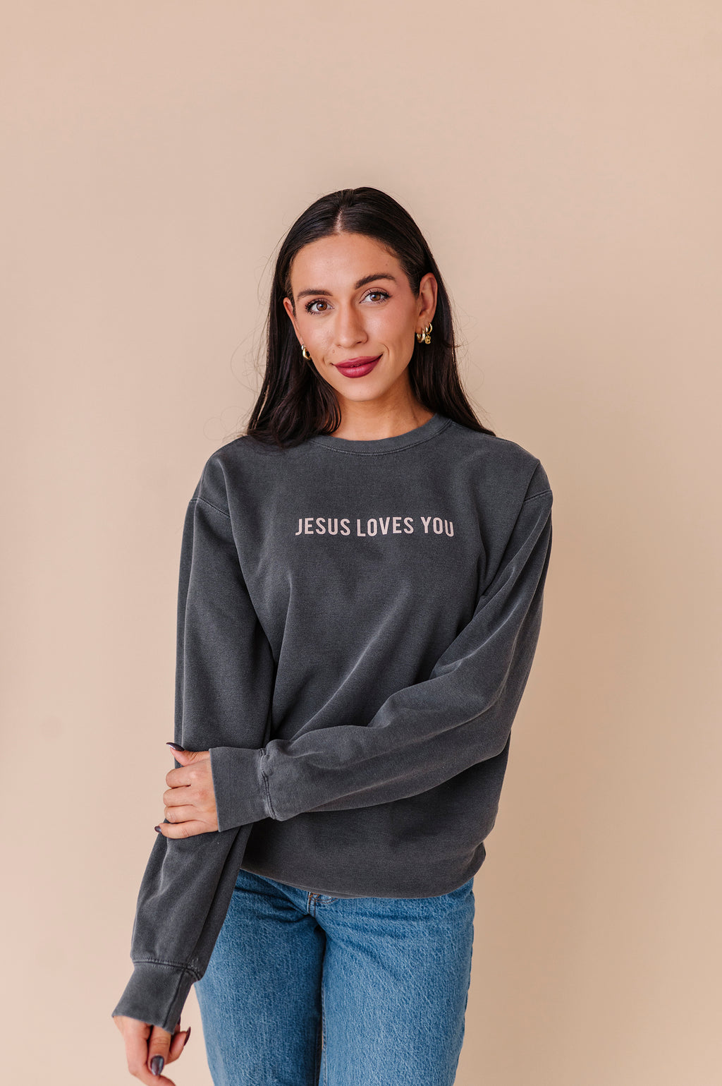 Jesus Loves You Adult Crewneck - Pepper