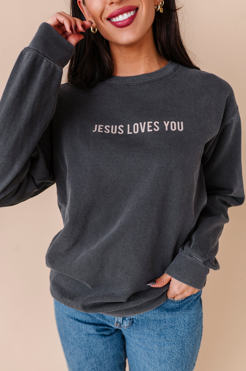 Jesus Loves You Adult Crewneck - Pepper