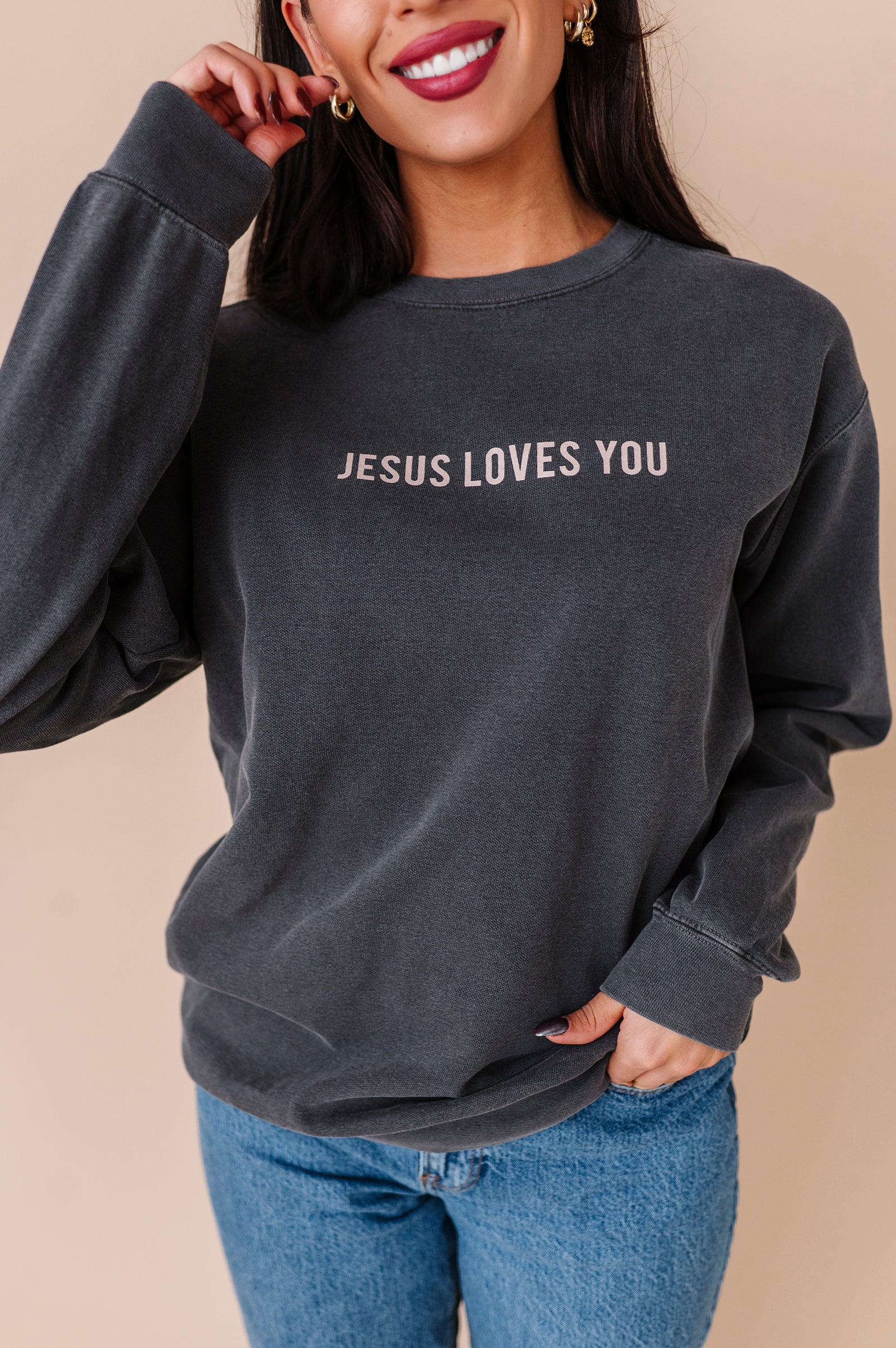 Jesus Loves You Adult Crewneck - Pepper