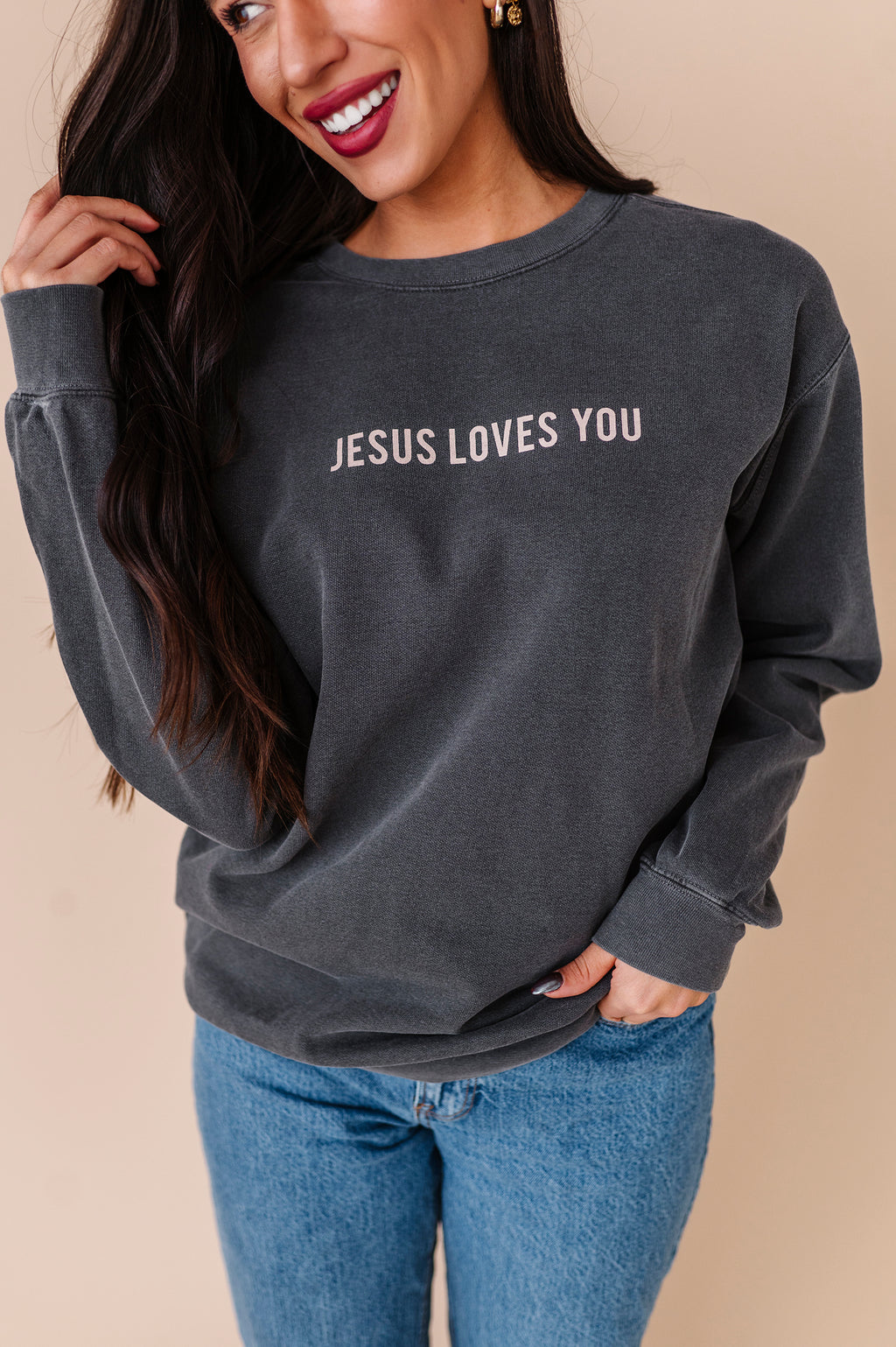 Jesus Loves You Adult Crewneck - Pepper