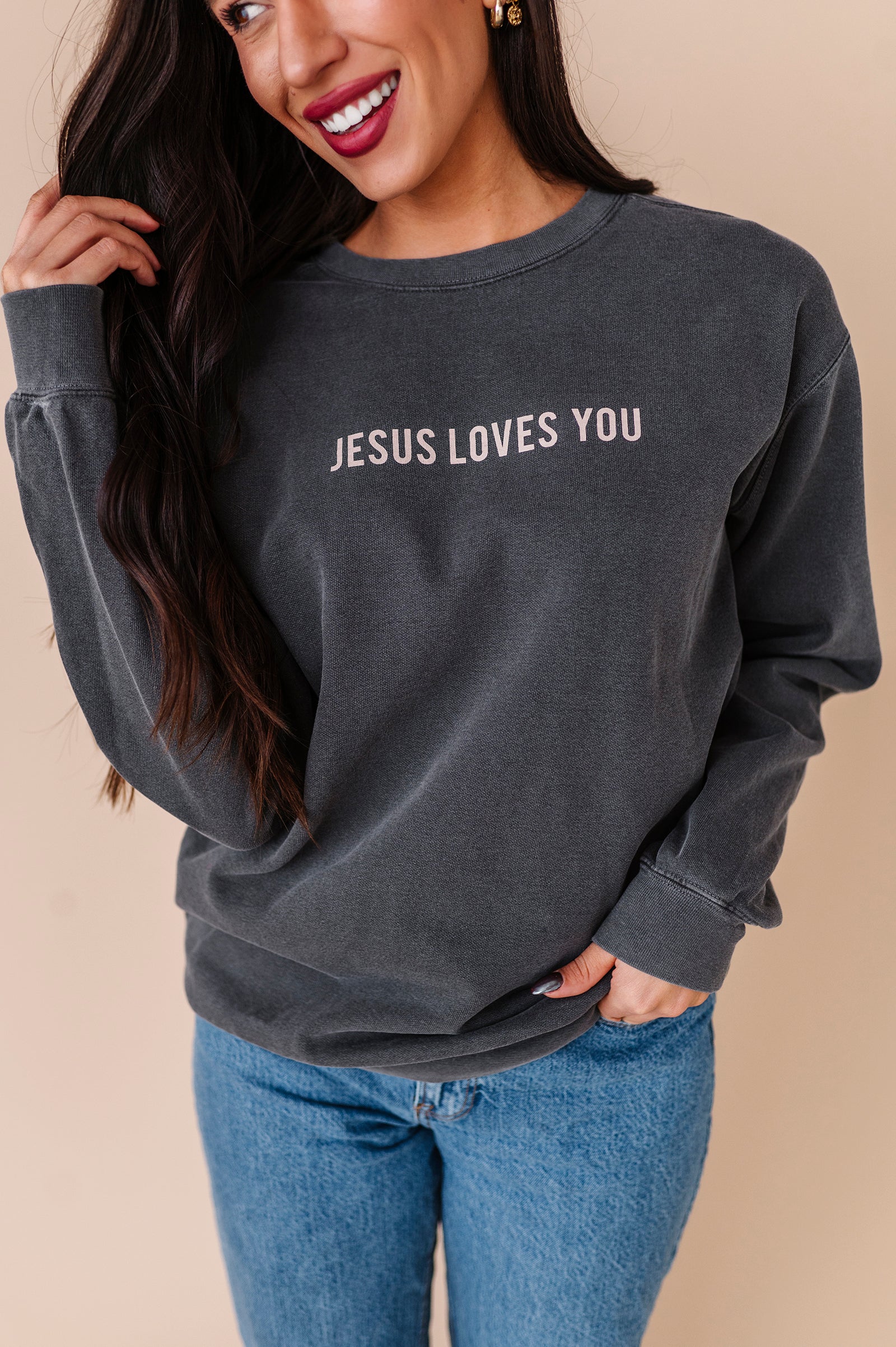 Jesus Loves You Adult Crewneck - Pepper