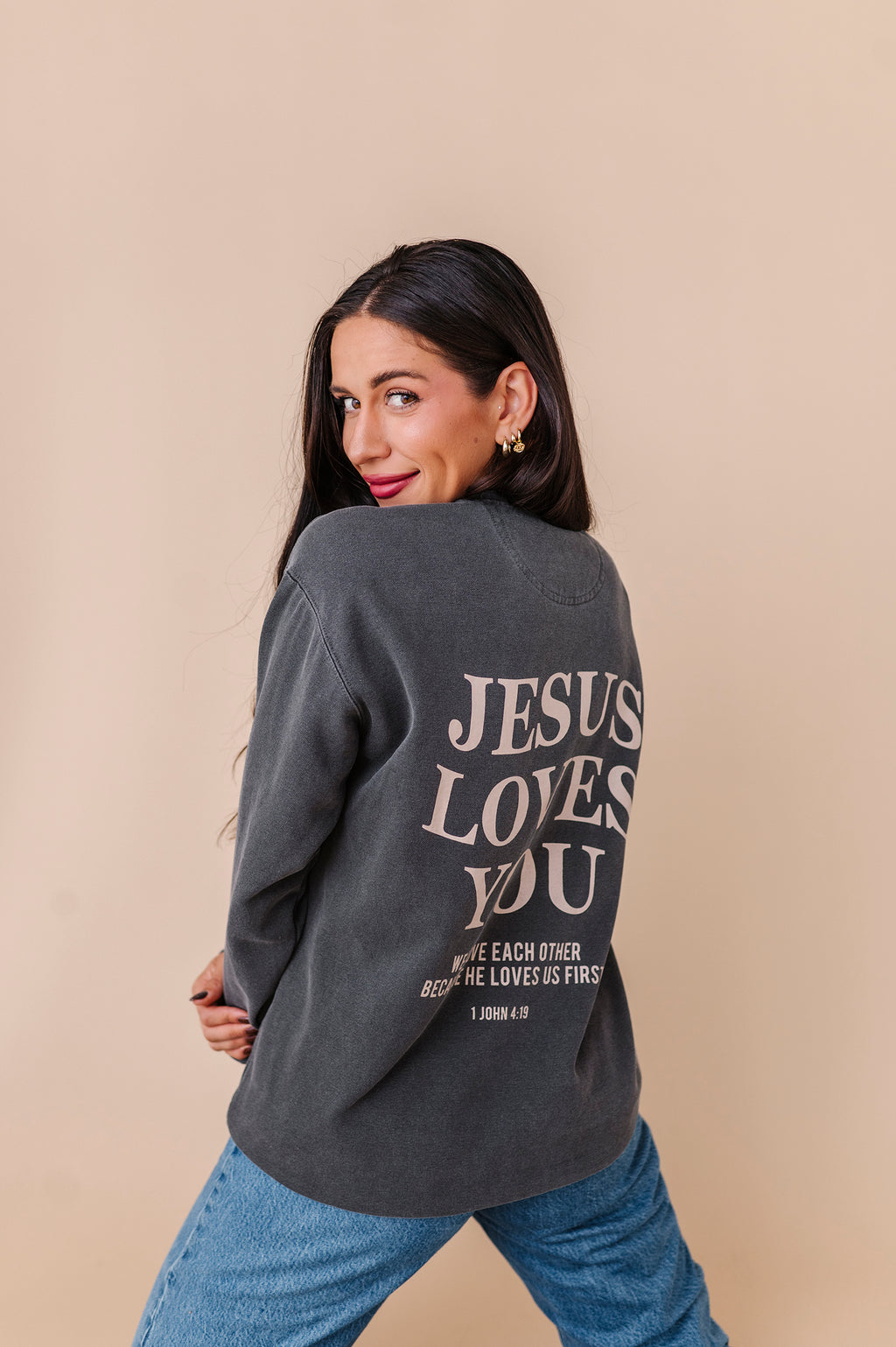 Jesus Loves You Adult Crewneck - Pepper