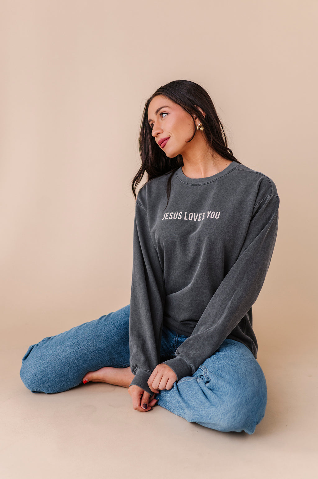 Jesus Loves You Adult Crewneck - Pepper