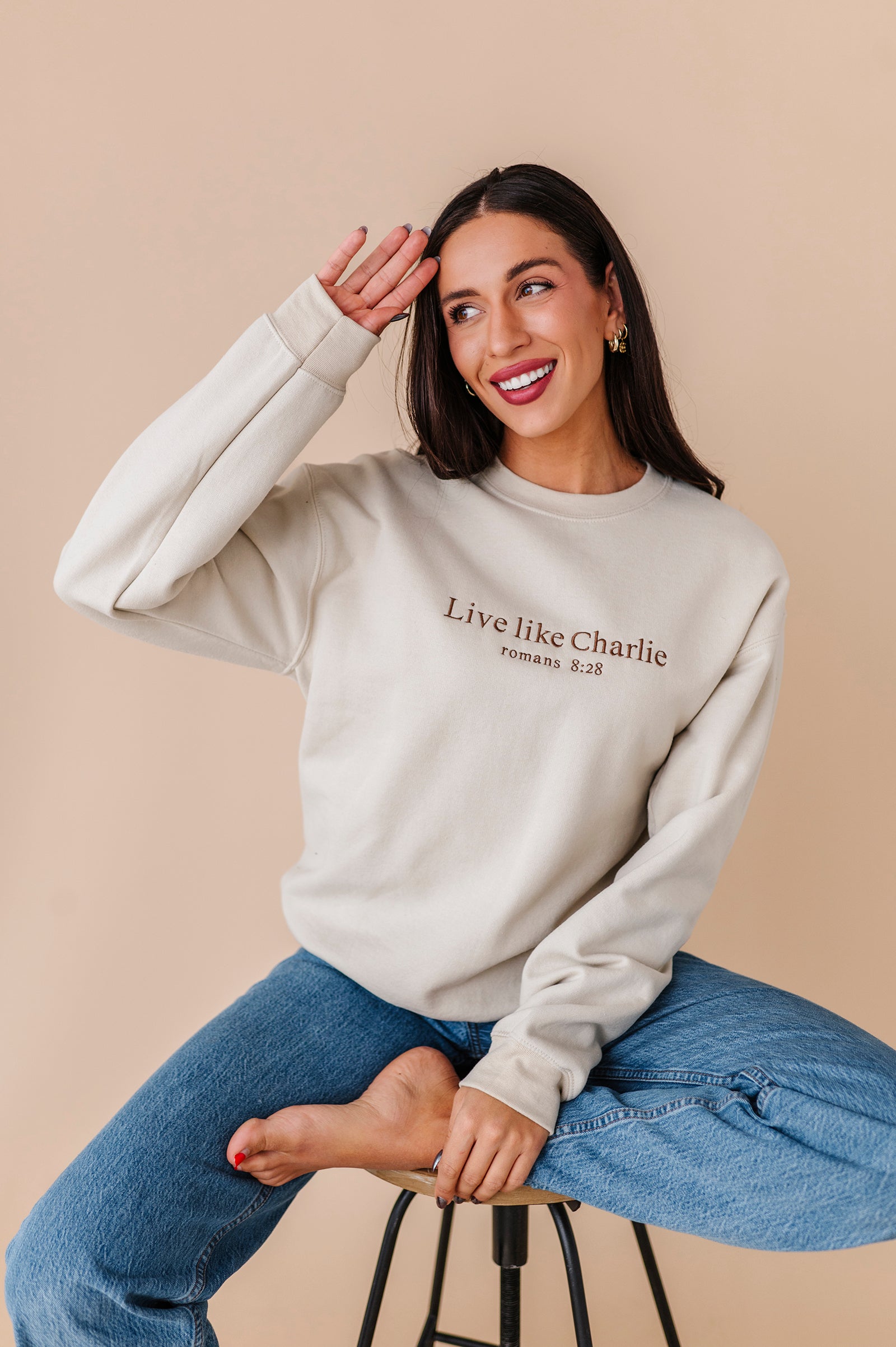 Live Like Charlie Embroidered Crewneck - Sand