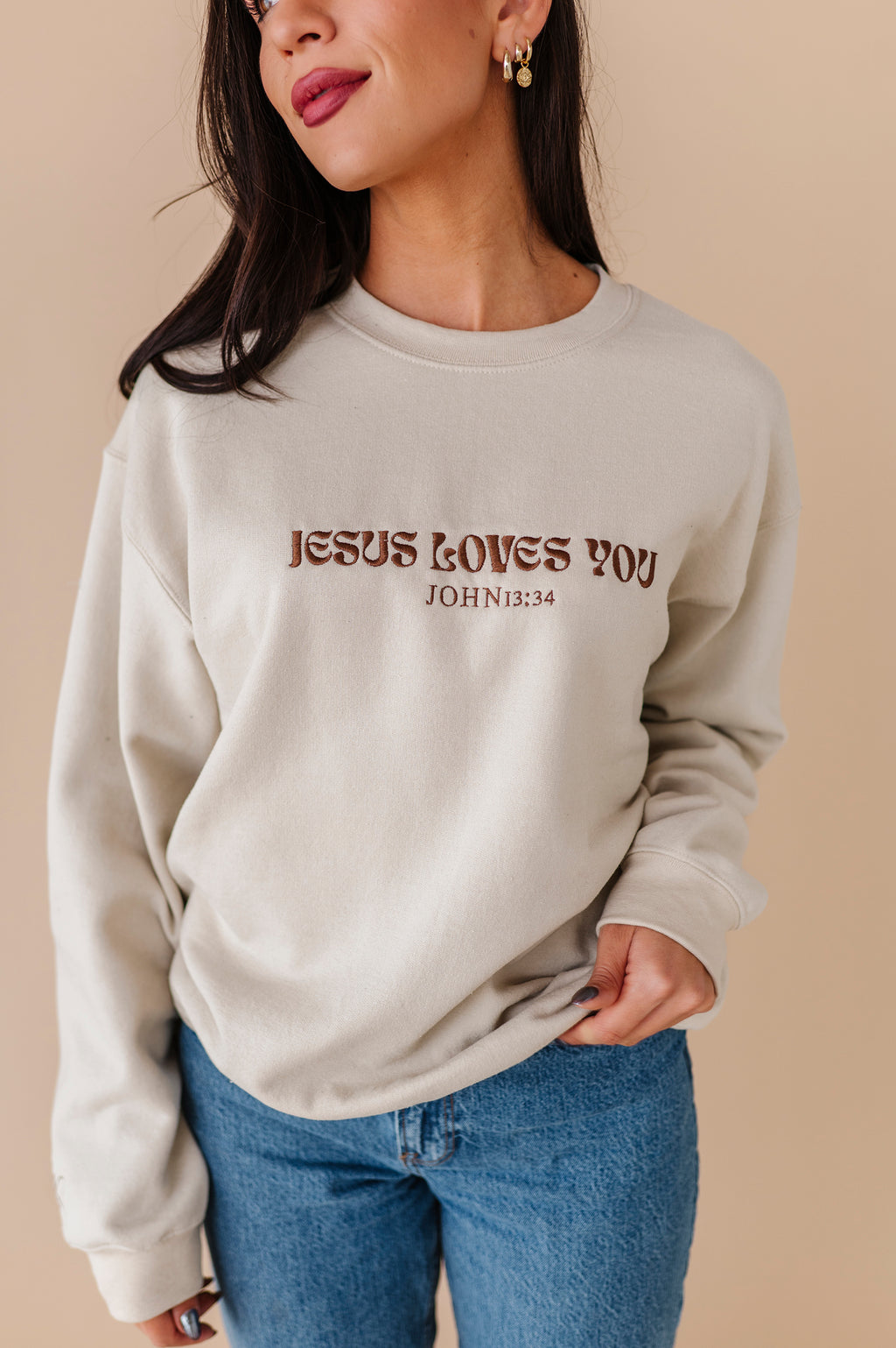 Jesus Loves You Embroidered Crewneck - Sand