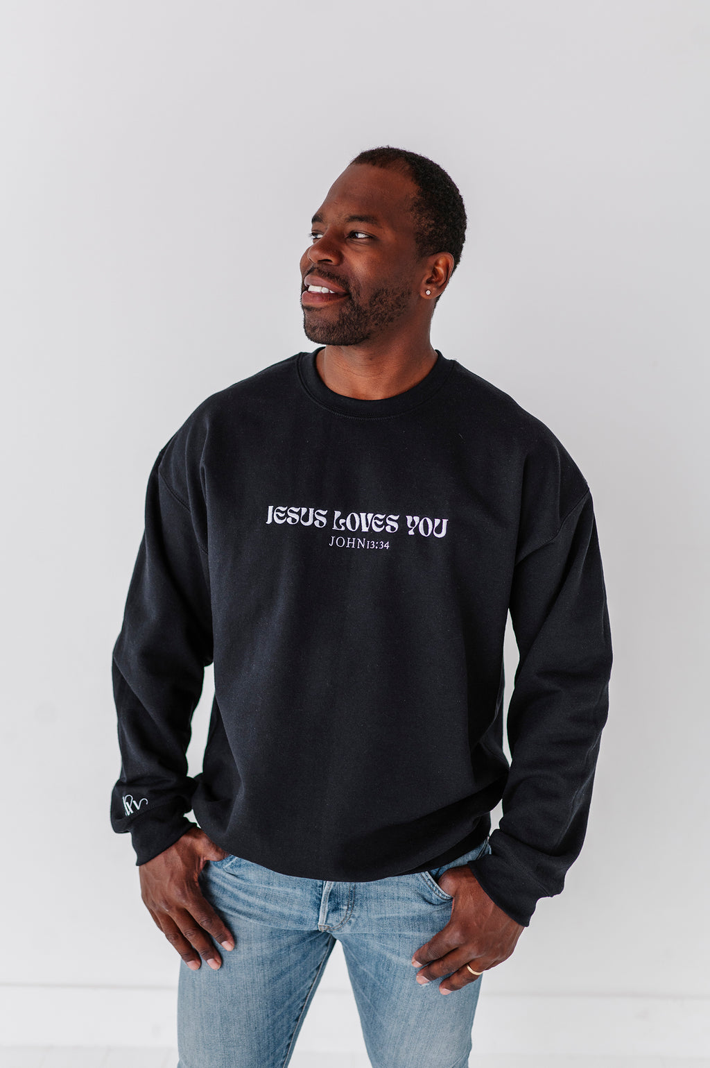 Jesus Loves You Embroidered Crewneck - Black