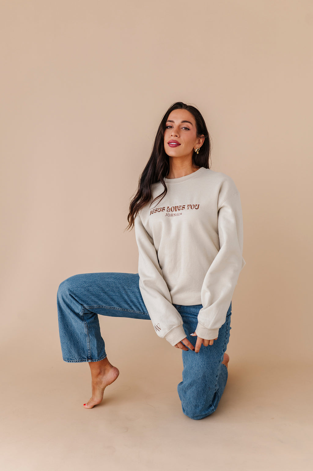 Jesus Loves You Embroidered Crewneck - Sand